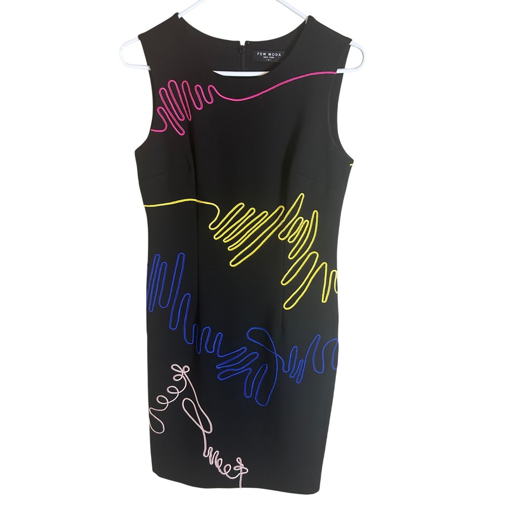 Few Moda Dress Women Medium Black Neon Embroidered Abstract Sleeveless AK2960